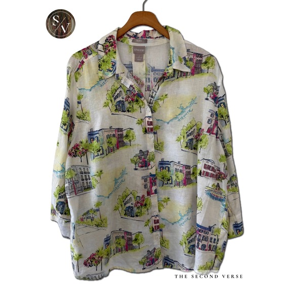 Chico's Tops - Chico's Linen Button Front Shirt 3/4 Sleeve Atlantic Coastal Scene Size 16/18